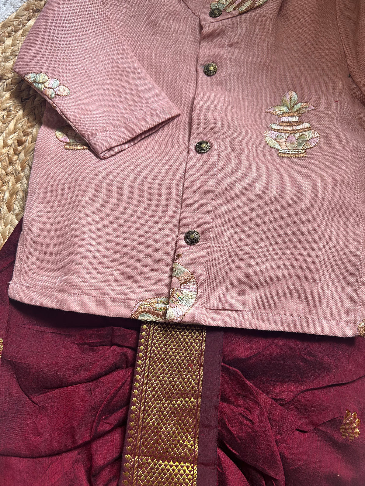 Pure Linen Pastel pink and maroon cotton Kurta Dhoti ethnic wear for baby boy