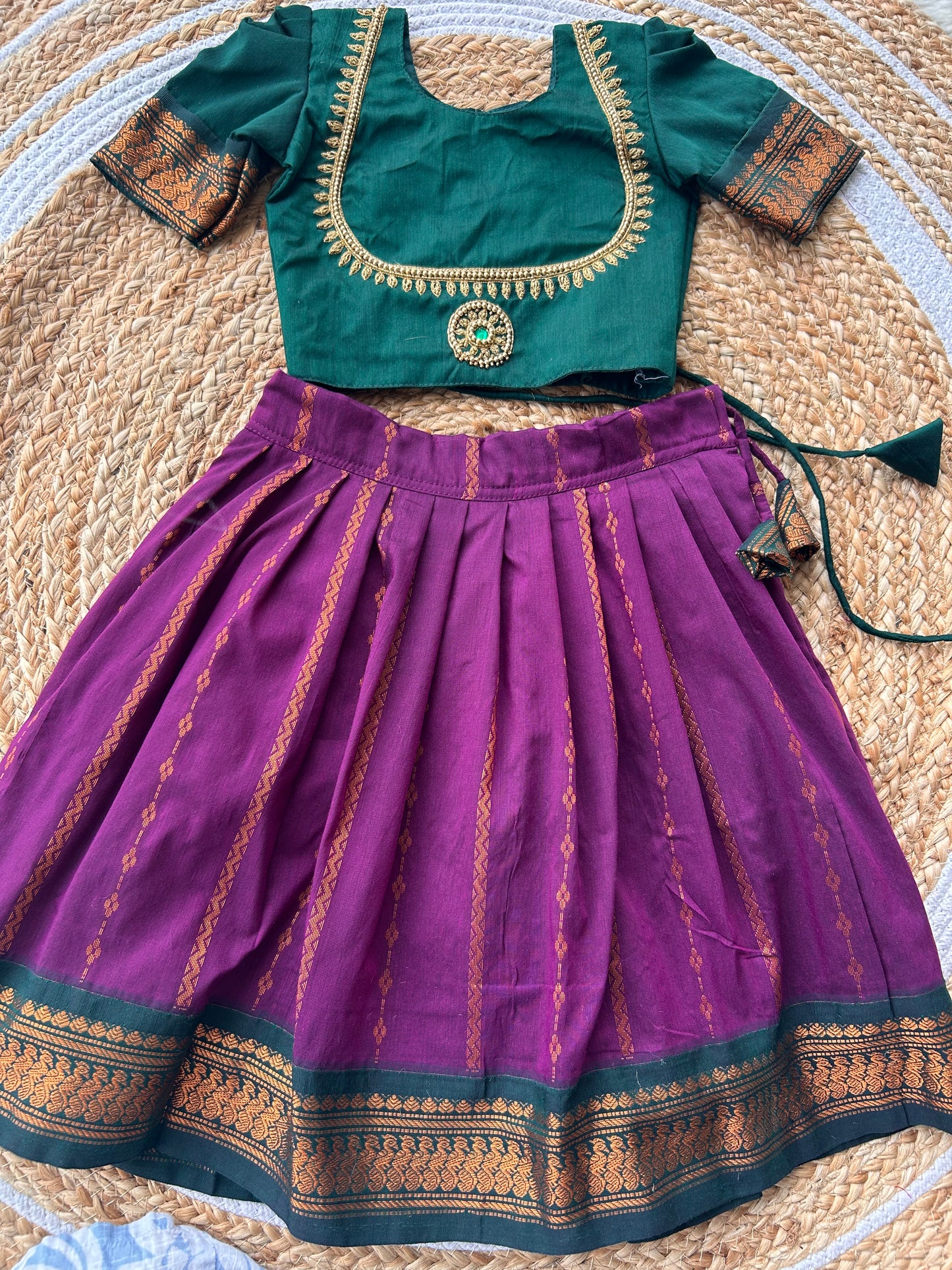Little Lakshmi Traditional pavadai pure cotton with zari weaving and hand embroidery langa blouse set for baby girl