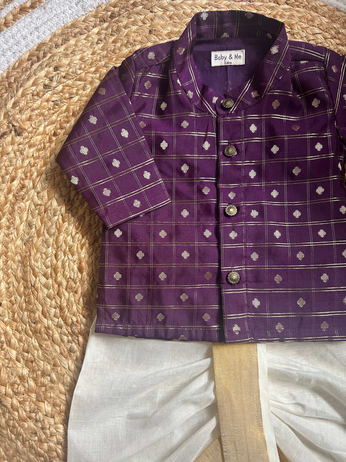 Reshme chowka purple with handloom cotton white with zari dhoti ethnic wear for baby boy