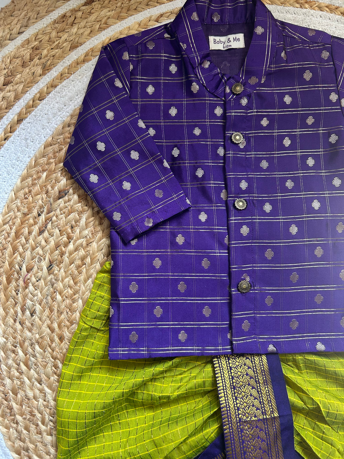 Purple reshme chowka Kurta with green dhoti traditional ethnic wear for baby boy