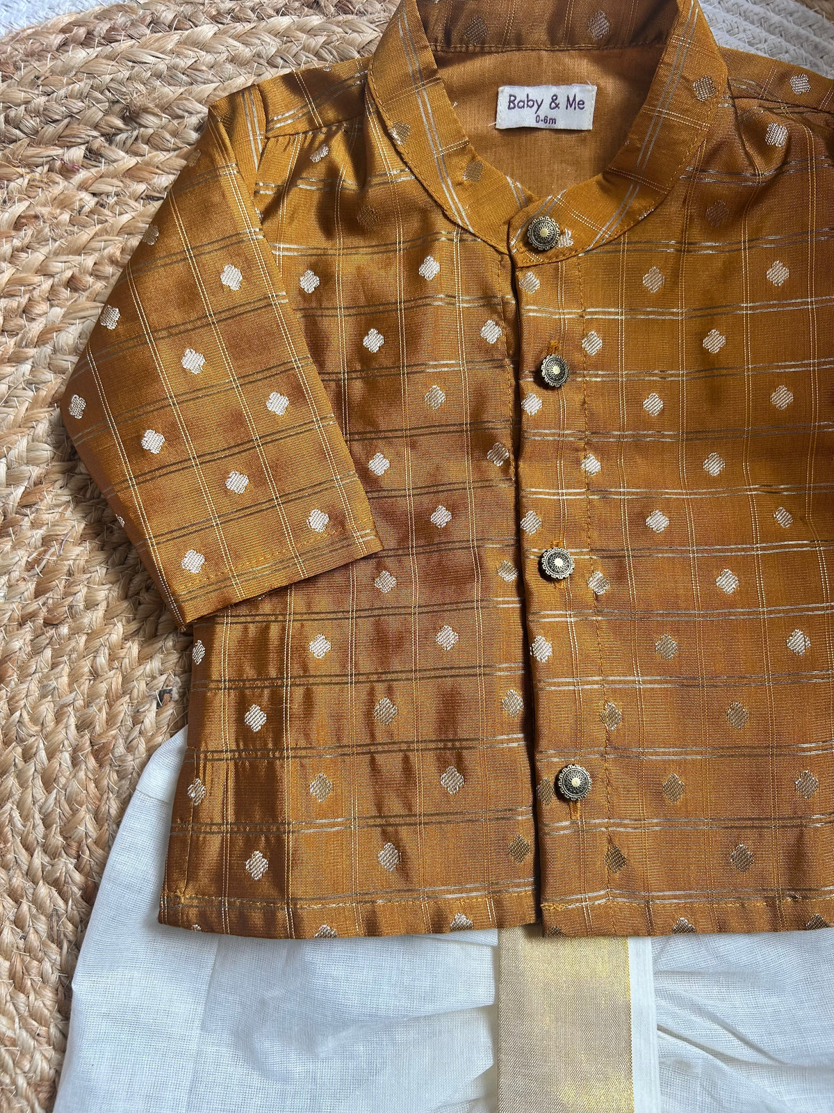 Honey gold with cream reshme chowka Kurta Dhoti for baby boy - Festive Collection