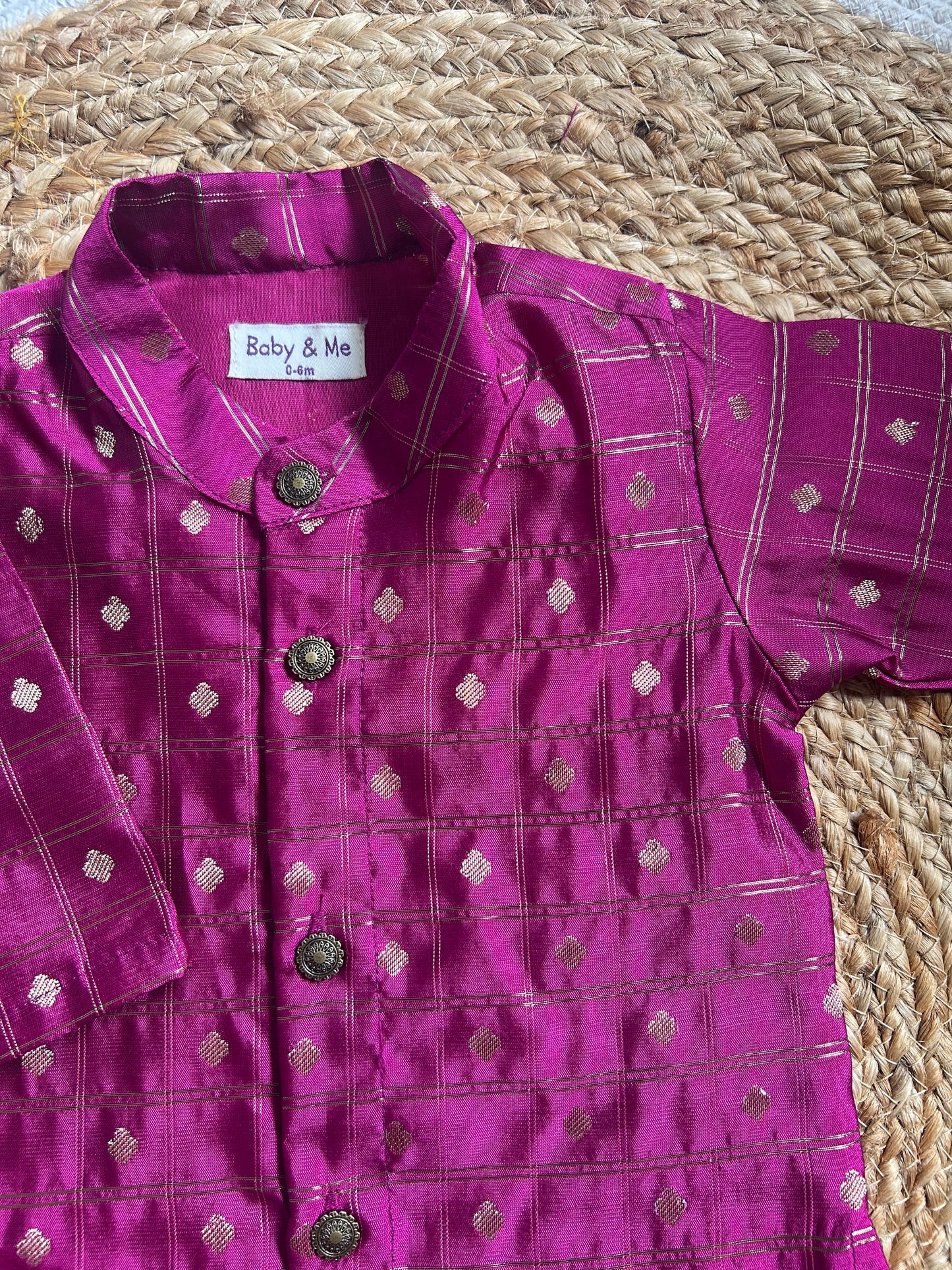 Dark pink with cream reshme chowka Kurta Dhoti for baby boy - Festive Collection