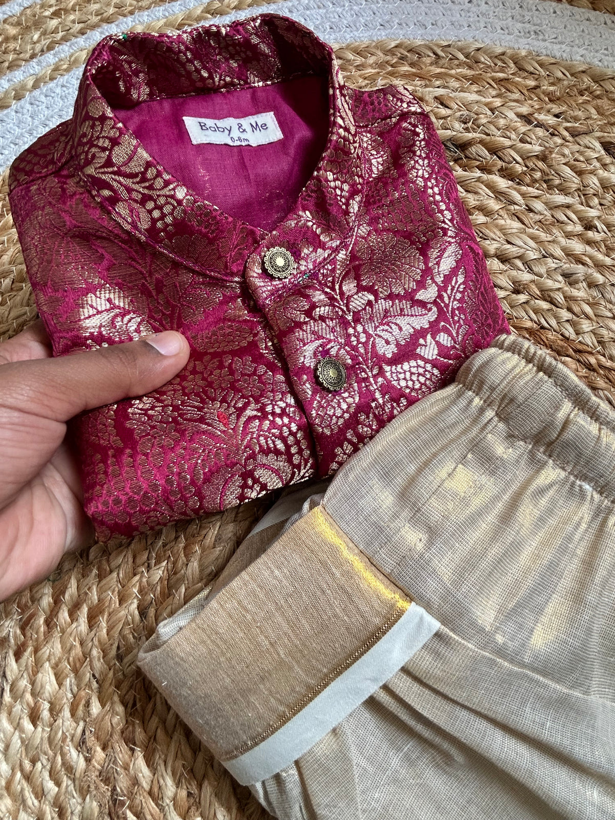 Wine green banarasi royal kurta with traditional gold dhoti ethnic wear for baby boy