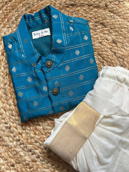 Aqua blue reshme chowka kurta with white dhoti traditional ethnic wear for baby boy
