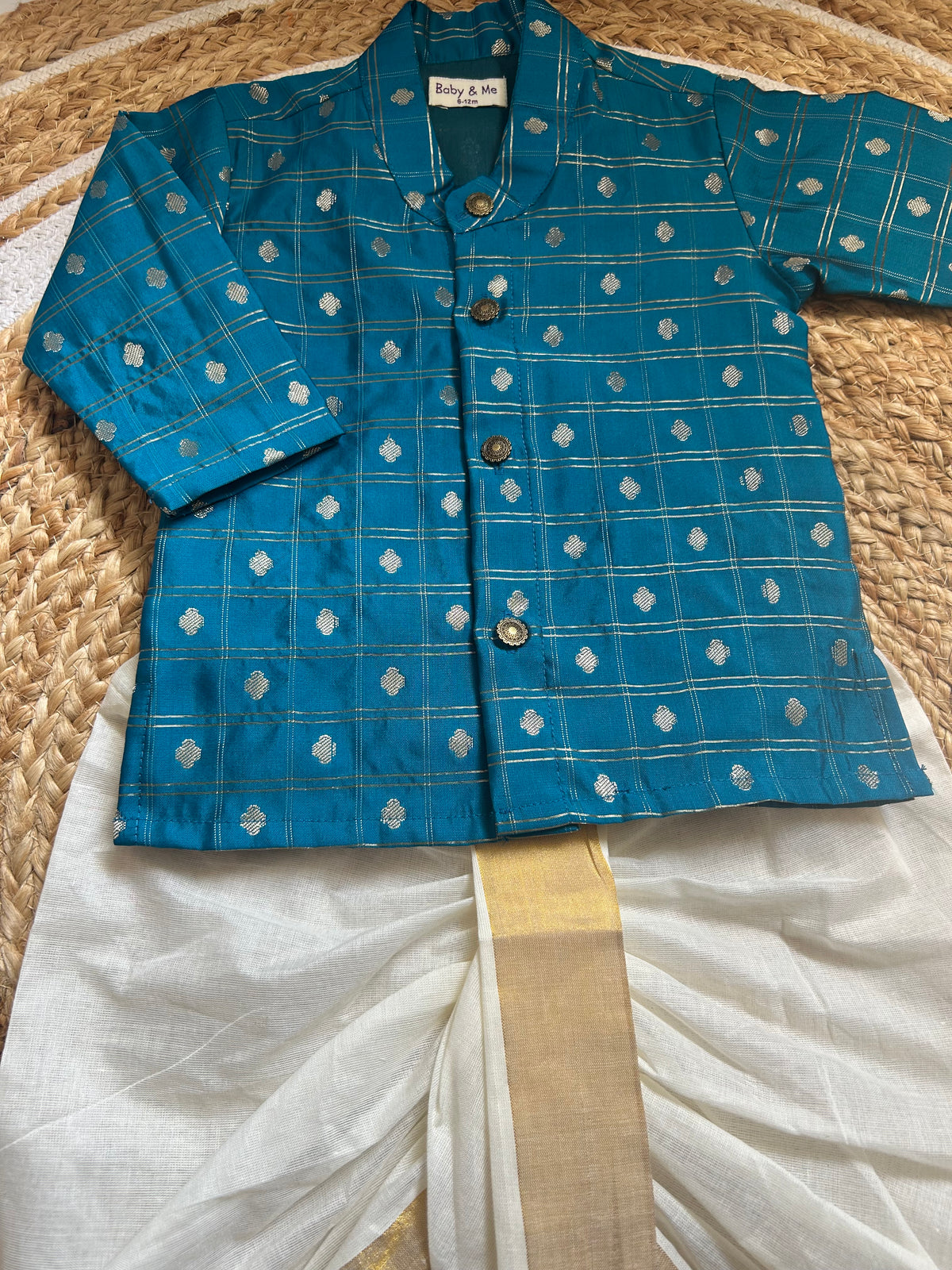 Aqua blue reshme chowka kurta with white dhoti traditional ethnic wear for baby boy