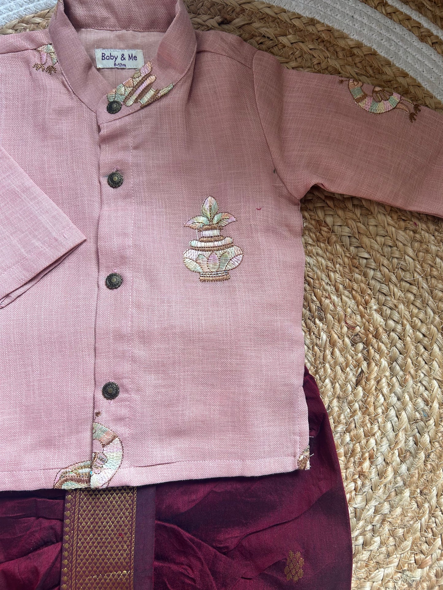 Pure Linen Pastel pink and maroon cotton Kurta Dhoti ethnic wear for baby boy