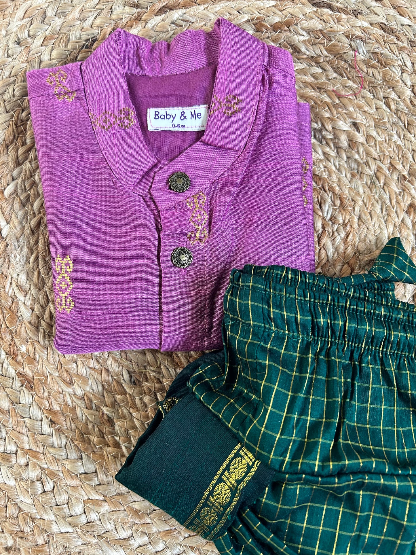 Pink kurta and bottle green checked Dhoti for Boys – Traditional Ethnic Wear Cotton weave for Baby Boy