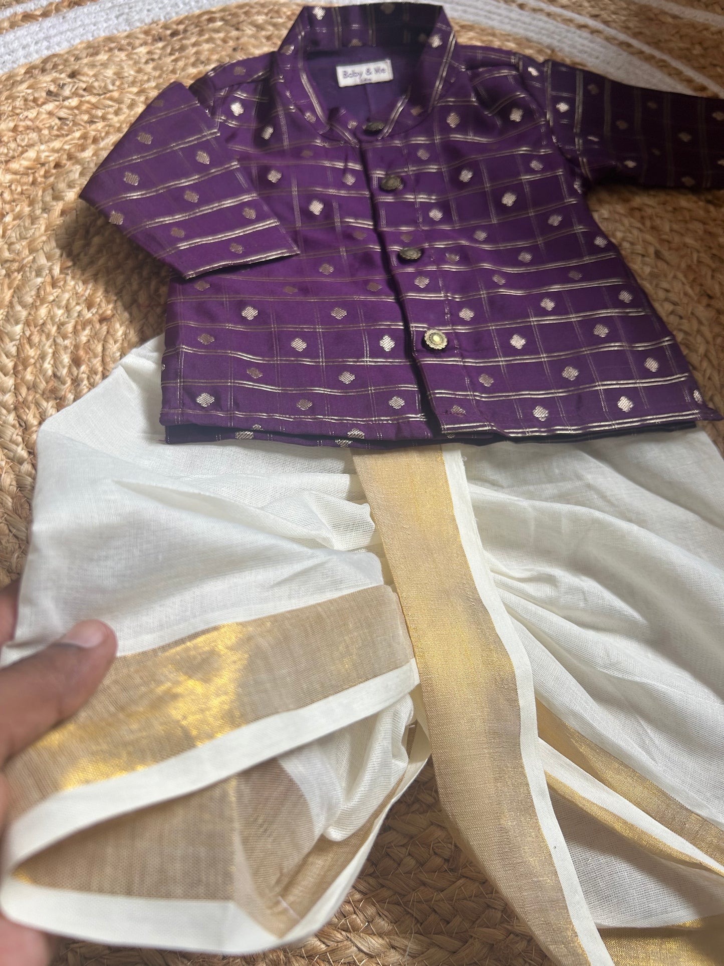 Reshme chowka purple with handloom cotton white with zari dhoti ethnic wear for baby boy