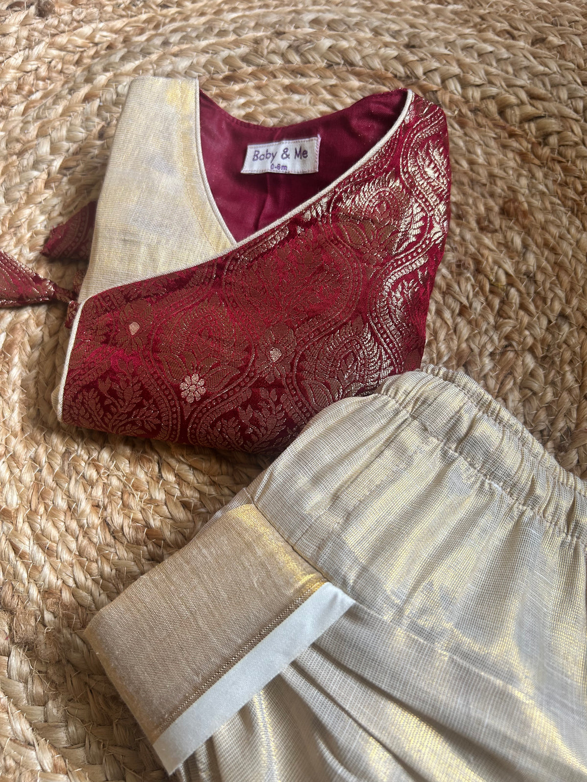 Maroon banarasi angrakha with traditional gold dhoti ethnic wear for baby boy