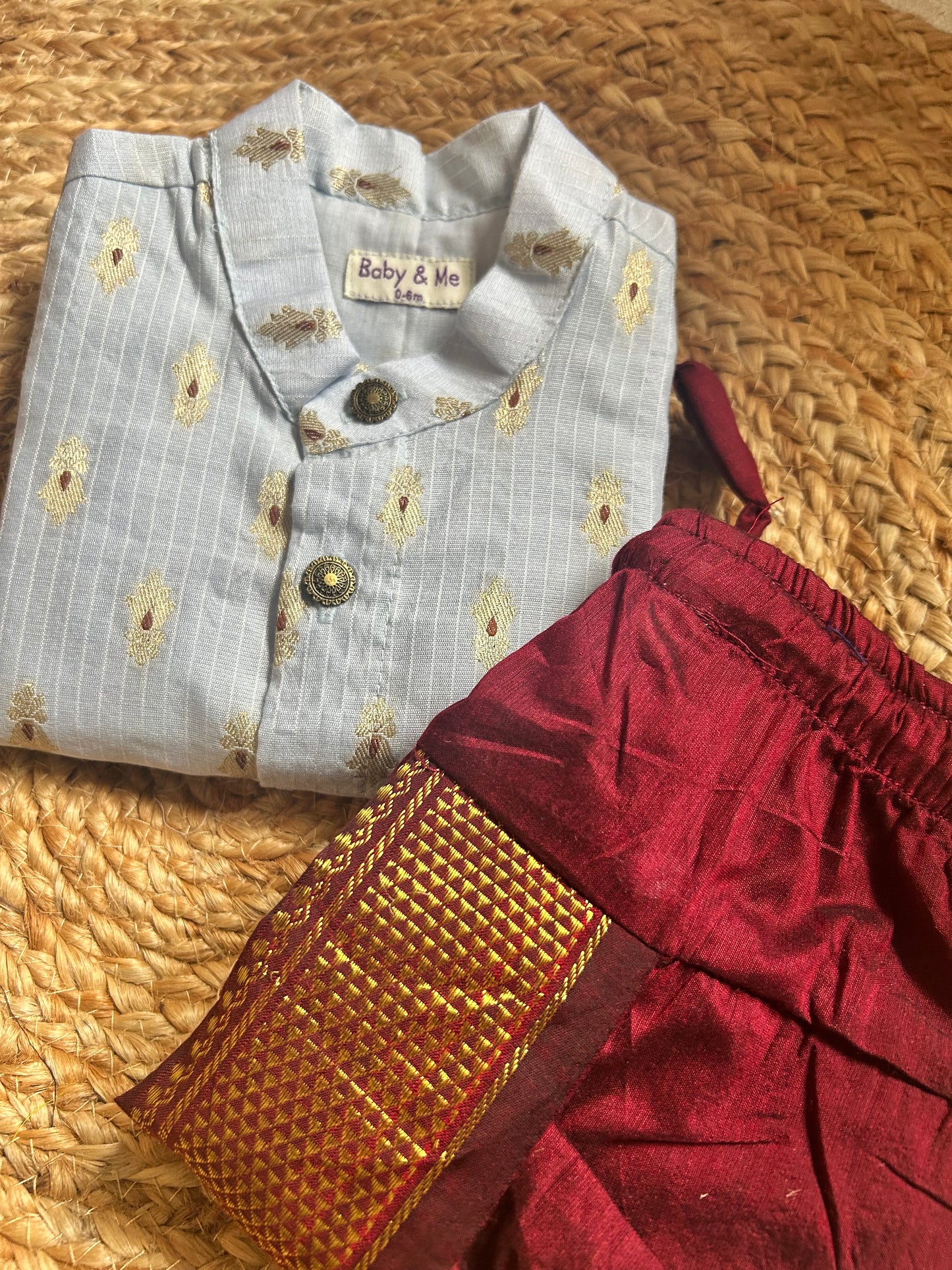 Blue banarasi cotton kurta with zari weave and maroon  Dhoti for Boys – Traditional Ethnic Wear for Baby Boy