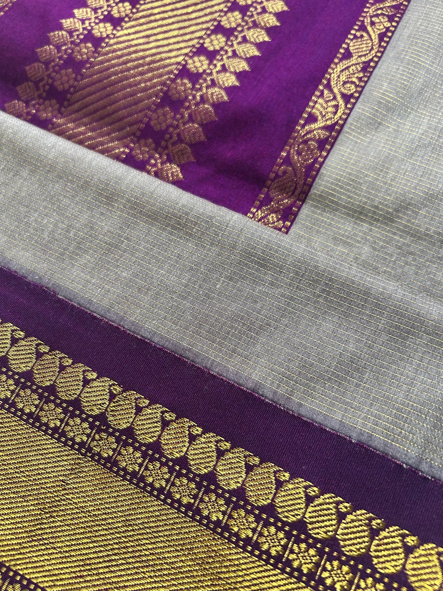 Ash Grey & Purple Handloom Silk Cotton Saree with Gold Zari Border