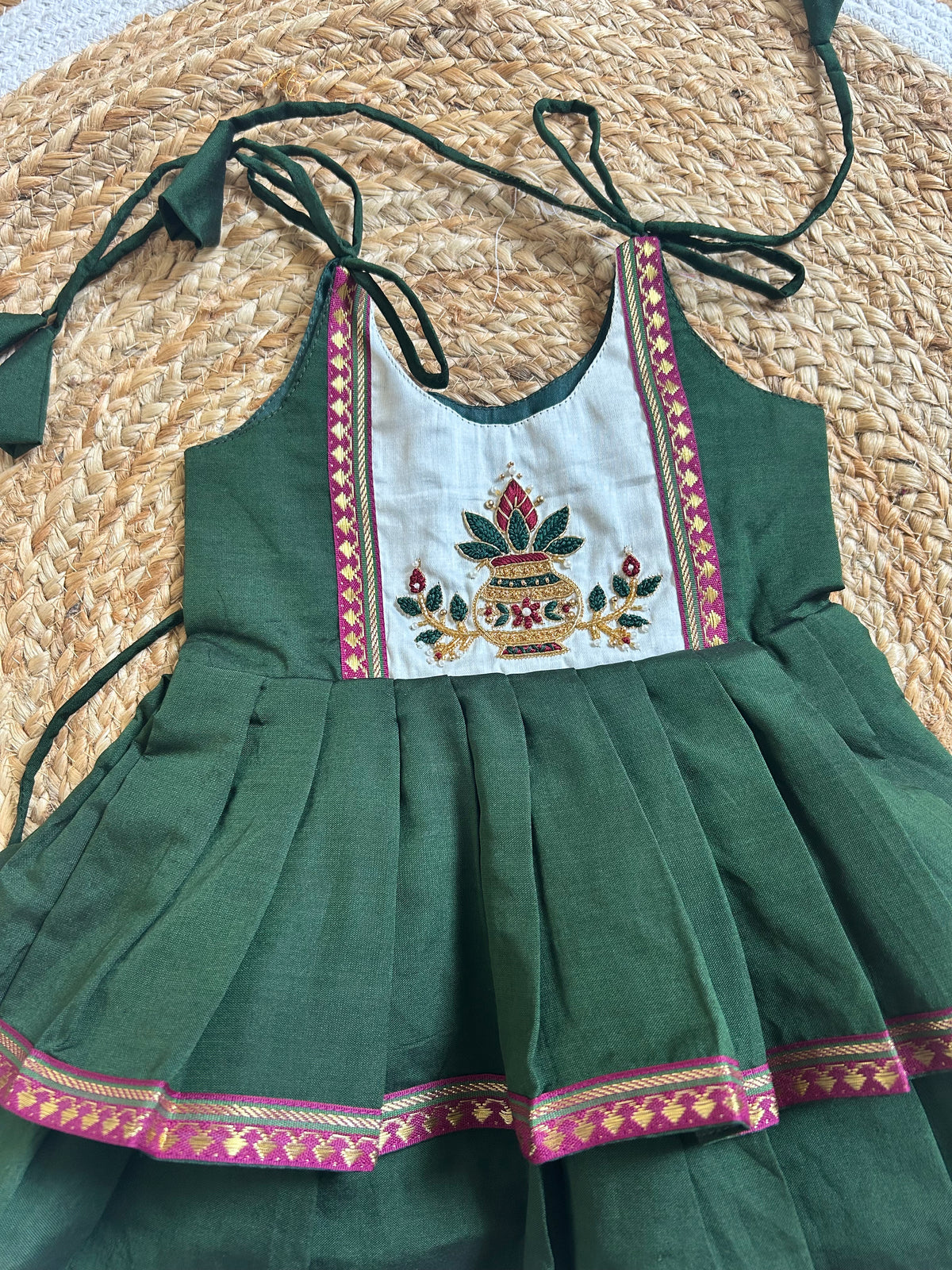 Royal Green Heritage Kalash Hand-Embroidered Multi-Layered Ethnic Wear for Baby Girl – Traditional frock for Baby Girl