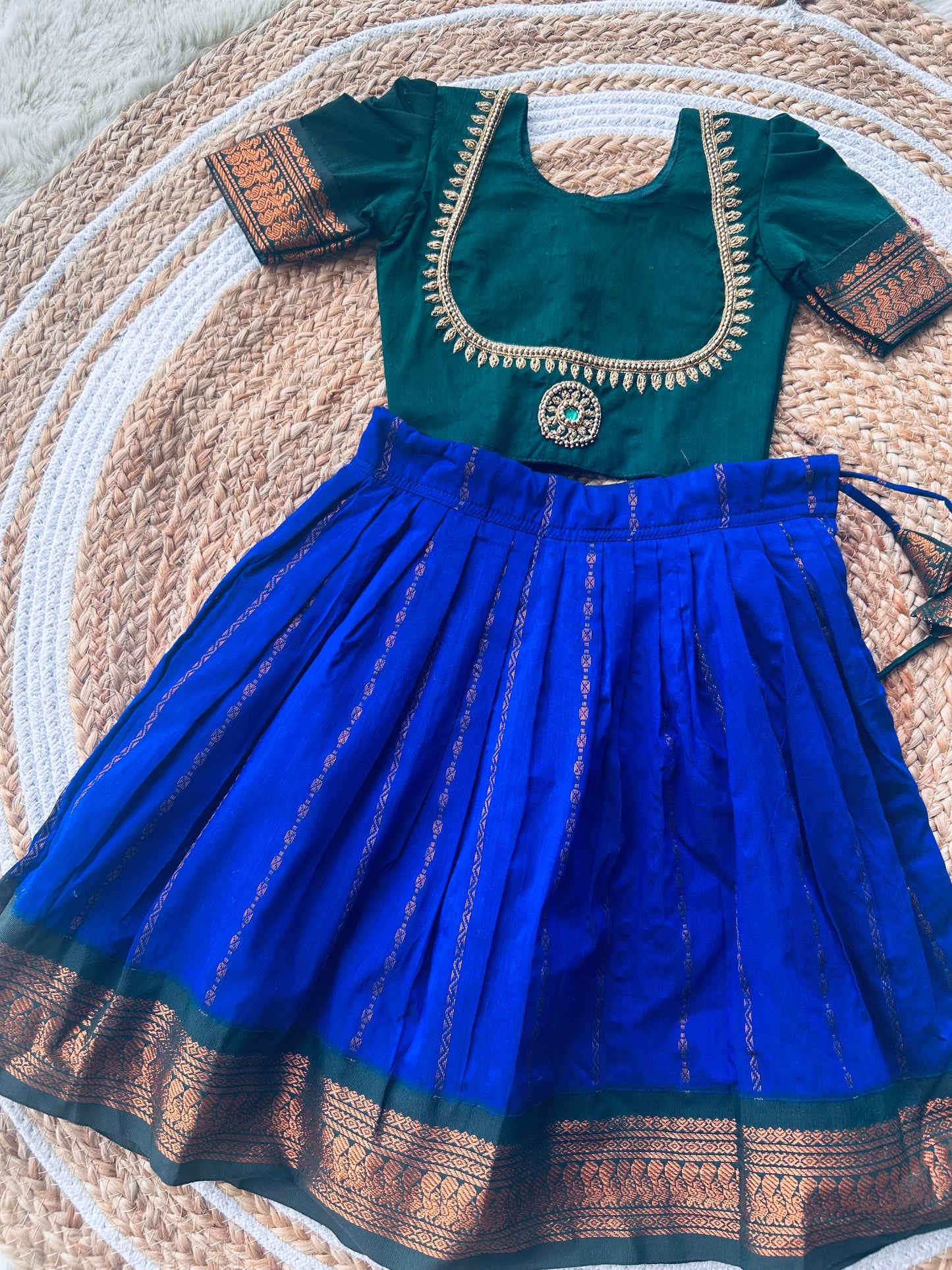 Little Lakshmi Traditional pavadai pure cotton with zari weaving and hand embroidery langa blouse set for baby girl