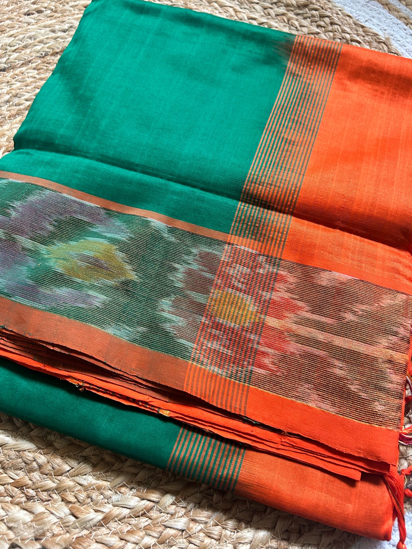 Green Handloom Silk Cotton Saree with Orange Ikat Border & Rich Pallu