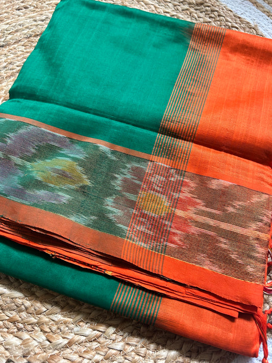 Green Handloom Silk Cotton Saree with Orange Ikat Border & Rich Pallu