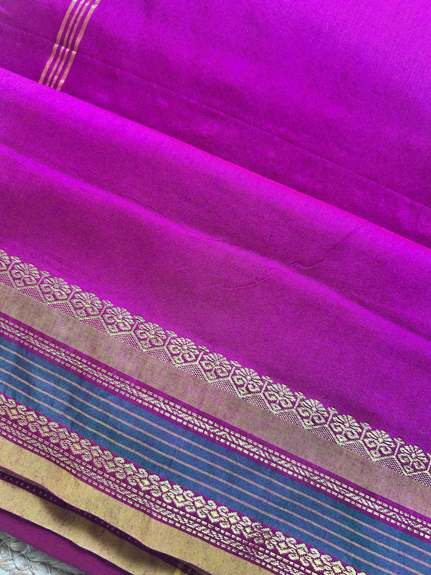 Wine Magenta & Mustard Gold Handloom Silk Cotton Saree with Zari Diagonal Border