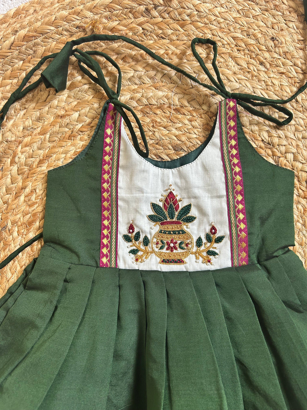 Royal Green Heritage Kalash Hand-Embroidered Multi-Layered Ethnic Wear for Baby Girl – Traditional frock for Baby Girl