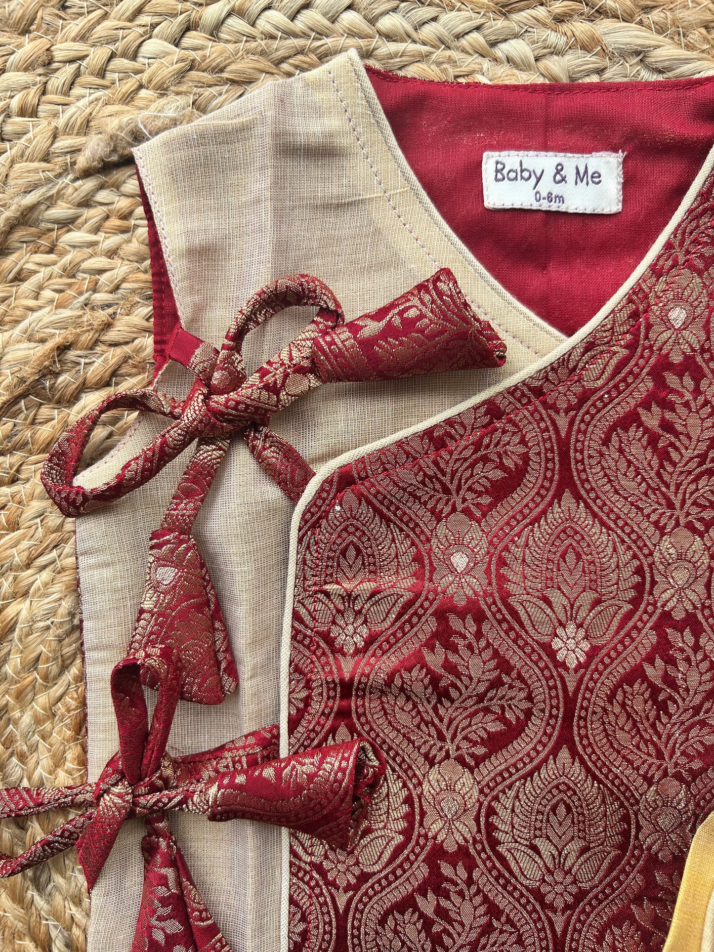 Maroon Banarasi angrakha with gold tissue dhoti comfortable ethnic wear for baby boy