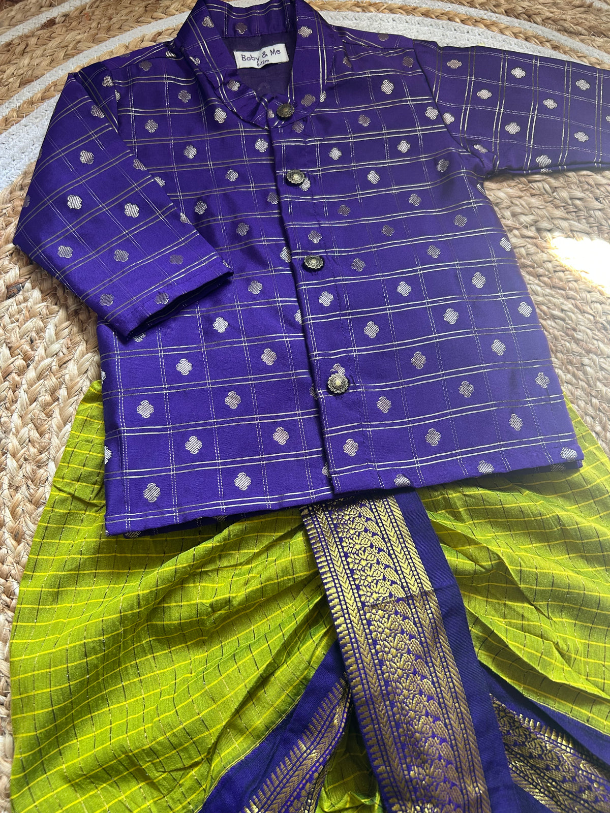 Purple reshme chowka Kurta with green dhoti traditional ethnic wear for baby boy