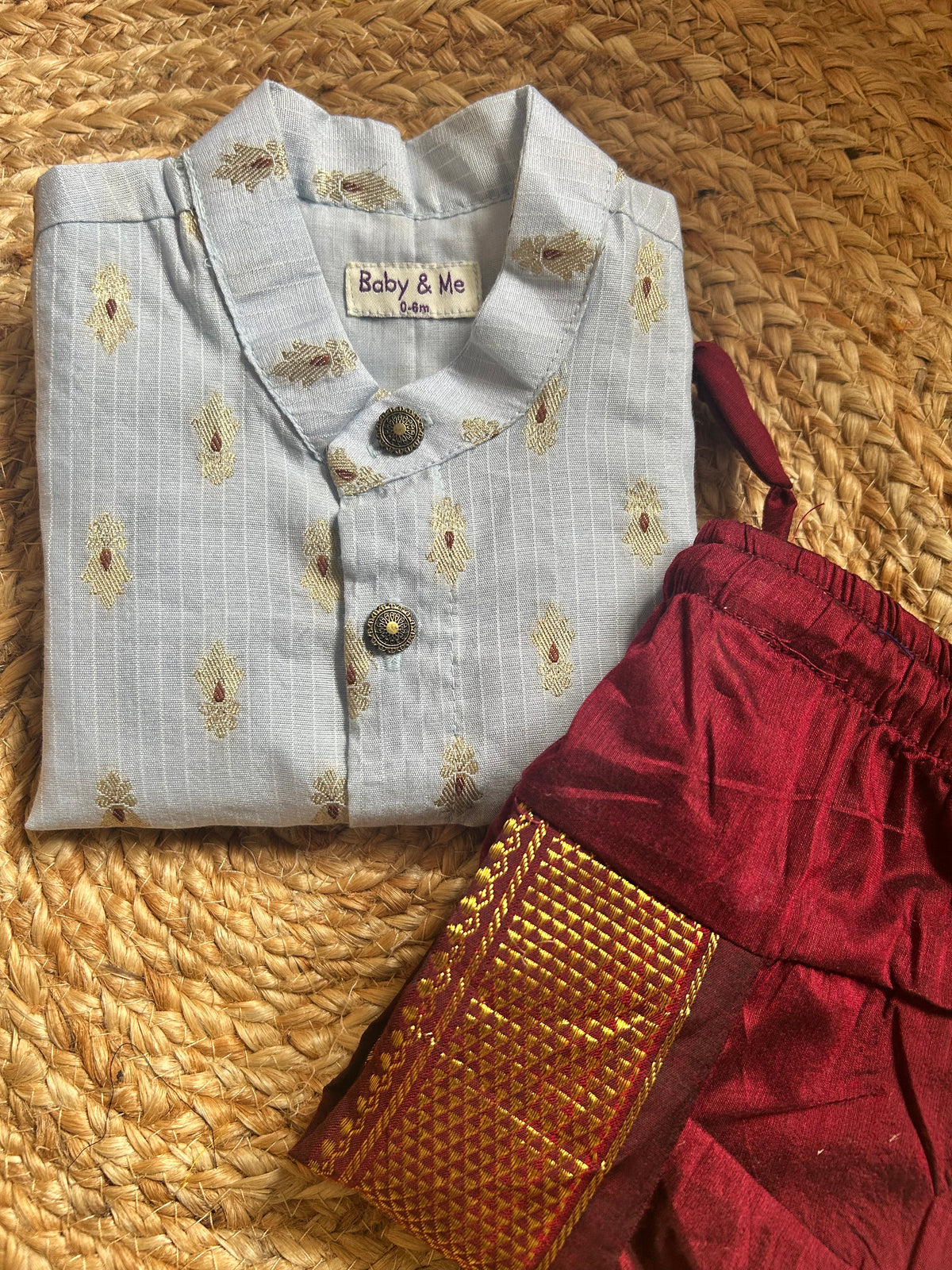 Blue banarasi cotton kurta with zari weave and maroon  Dhoti for Boys – Traditional Ethnic Wear for Baby Boy
