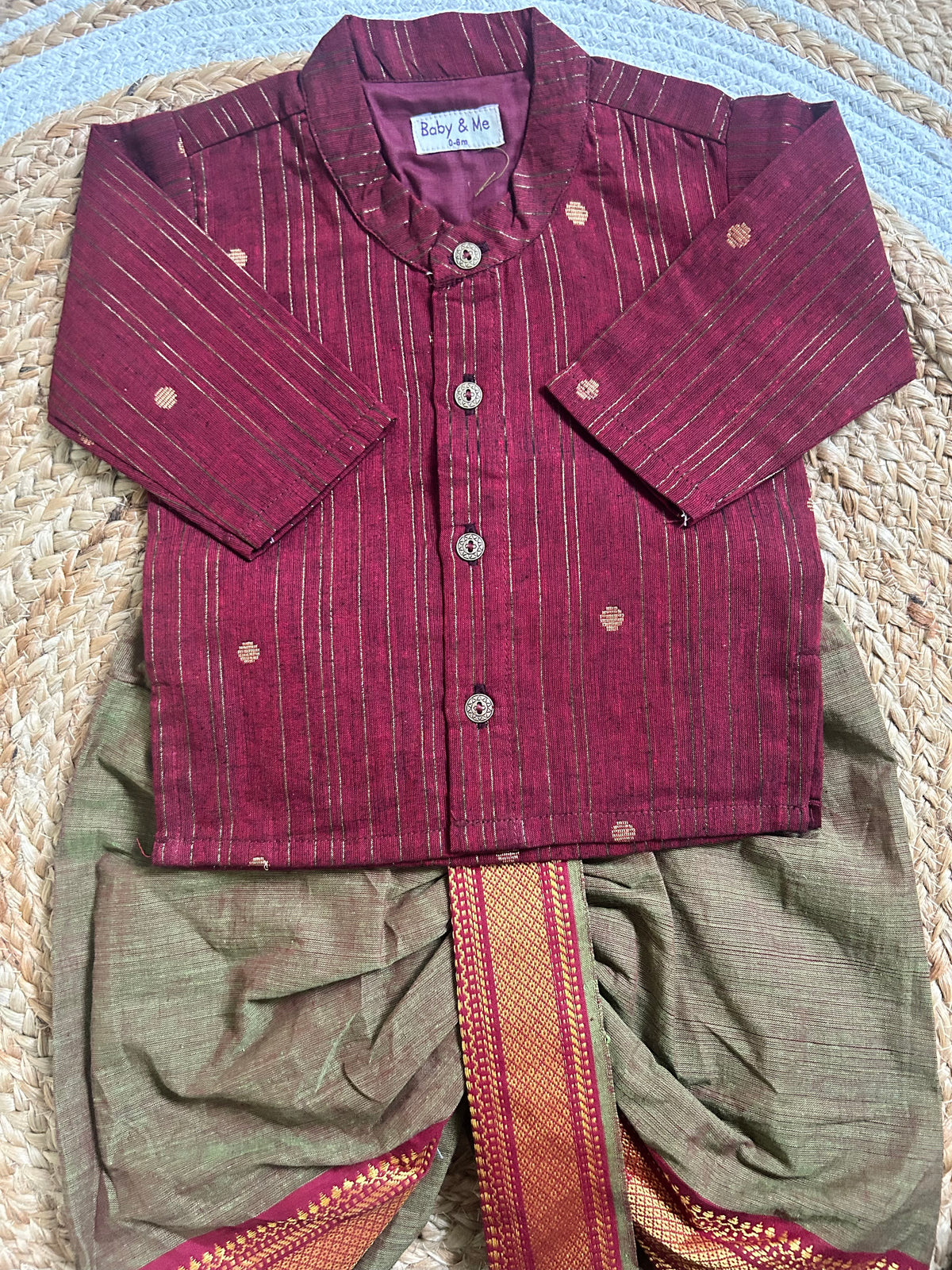Maroon & Gold Striped Kurta with Sage Green Dhoti Traditional ethnic wear for baby boy