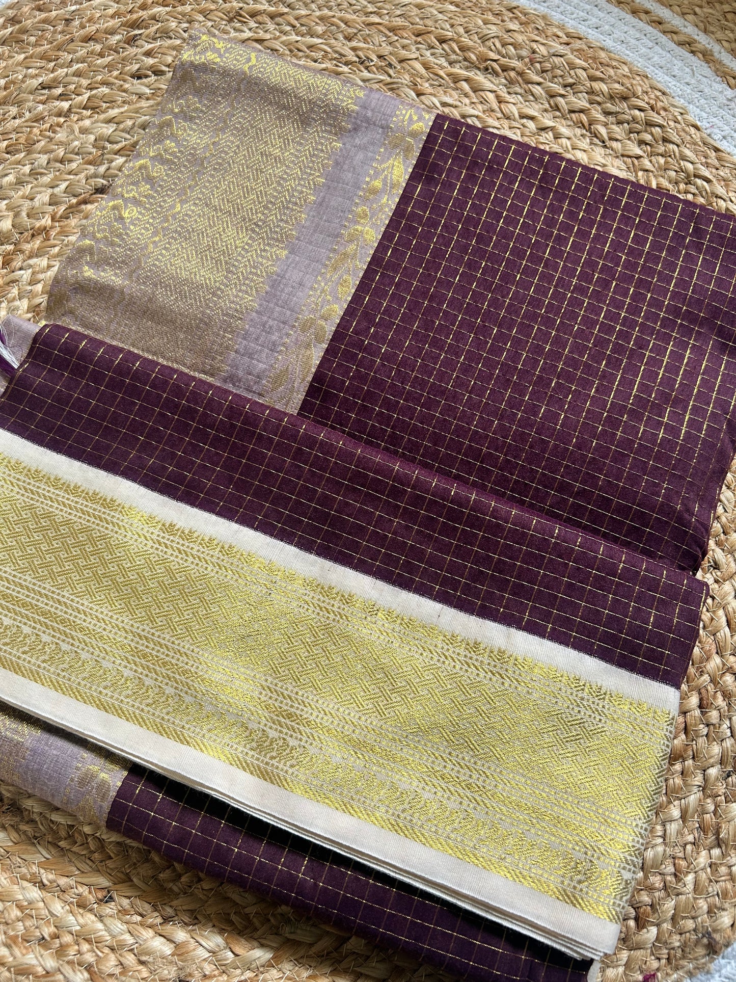 Chocolate & Ivory Handloom Silk Cotton Saree with Gold Zari Border