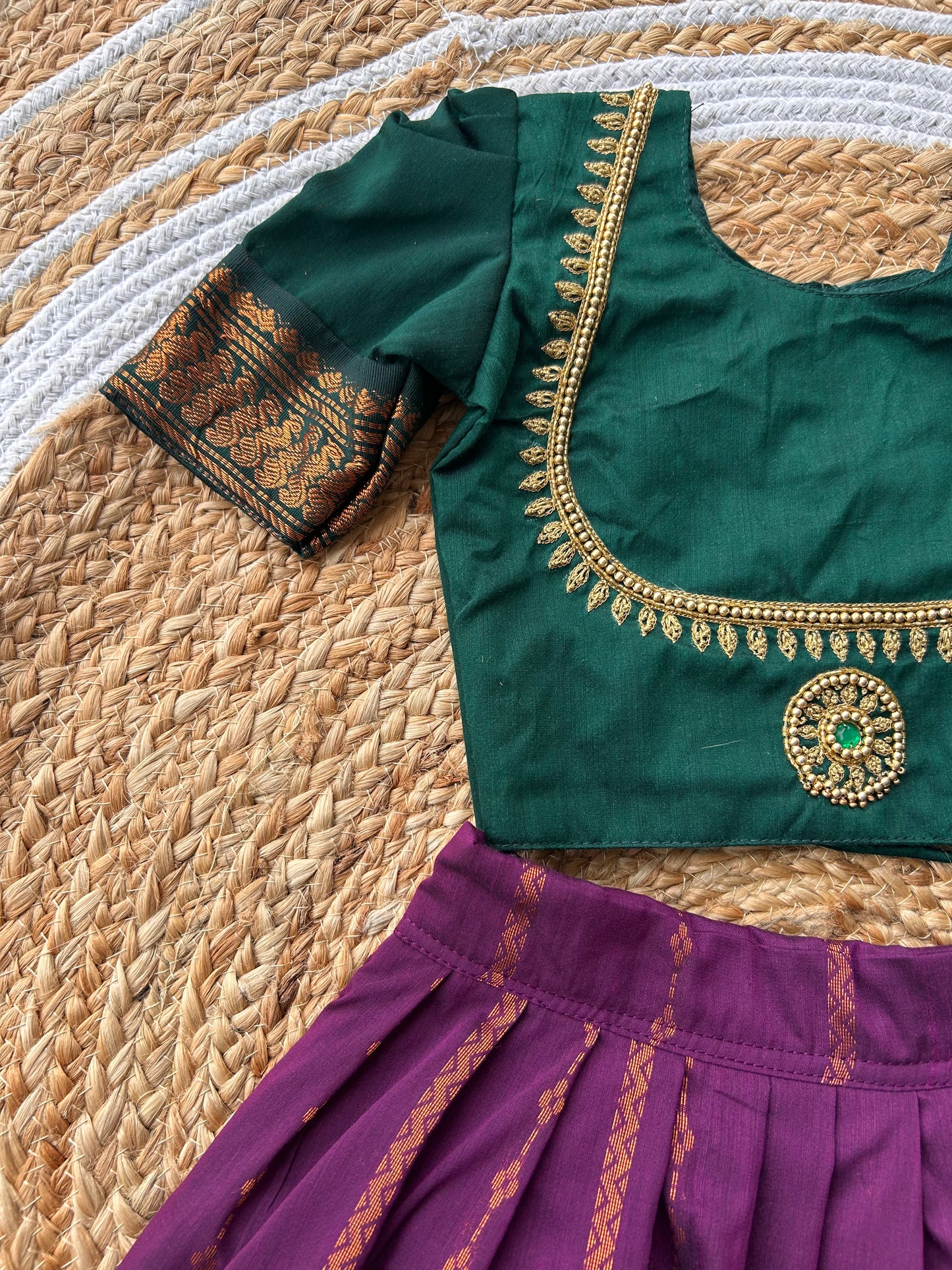 Little Lakshmi Traditional pavadai pure cotton with zari weaving and hand embroidery langa blouse set for baby girl