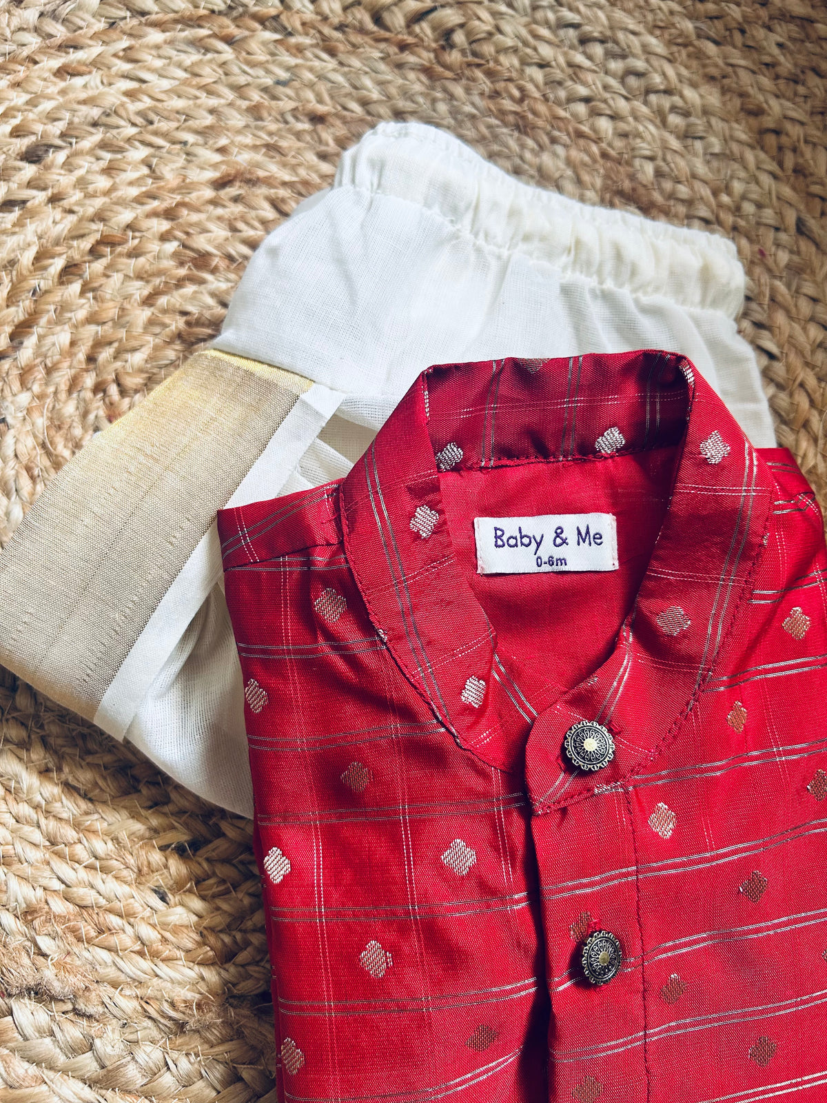 Reshme chowka red kurta with handloom cotton white with zari dhoti ethnic wear for baby boy