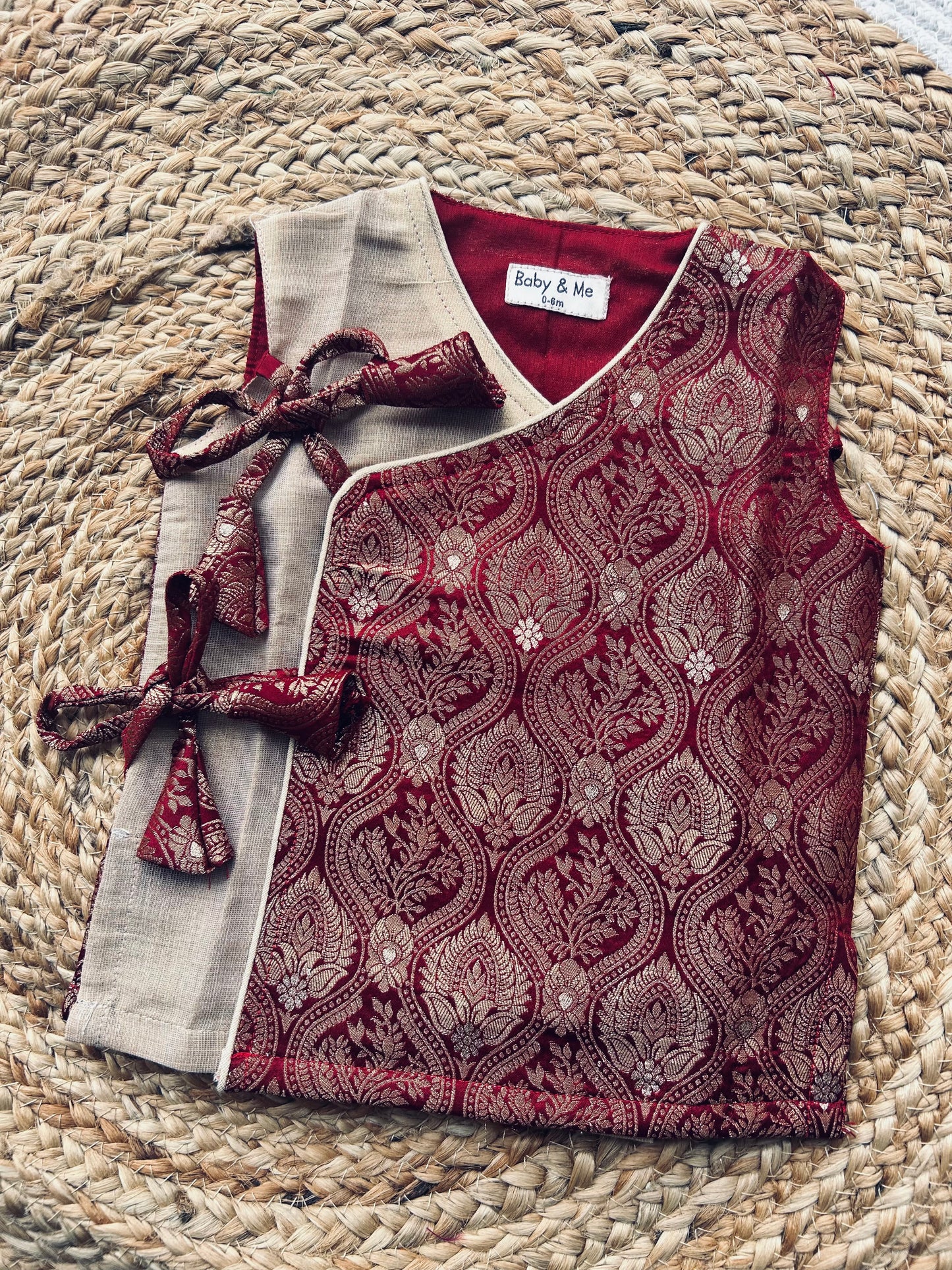 Maroon Banarasi angrakha with gold tissue dhoti comfortable ethnic wear for baby boy