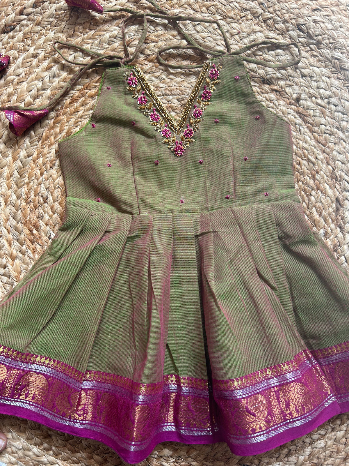 Saraswati - Kanchi border green handloom cotton sleeveless heritage frock for baby girl
