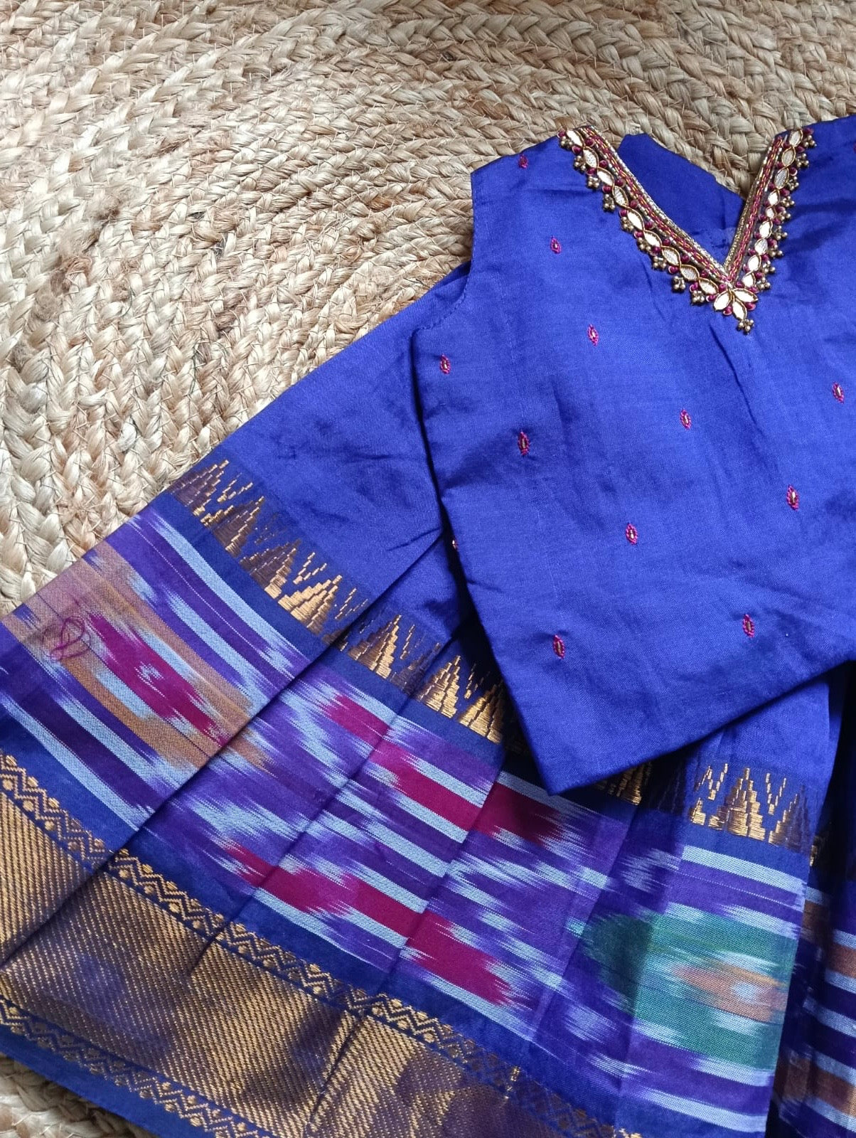 Pochampally border purple kanchi silk cotton sleeveless heritage langa blouse for baby girl