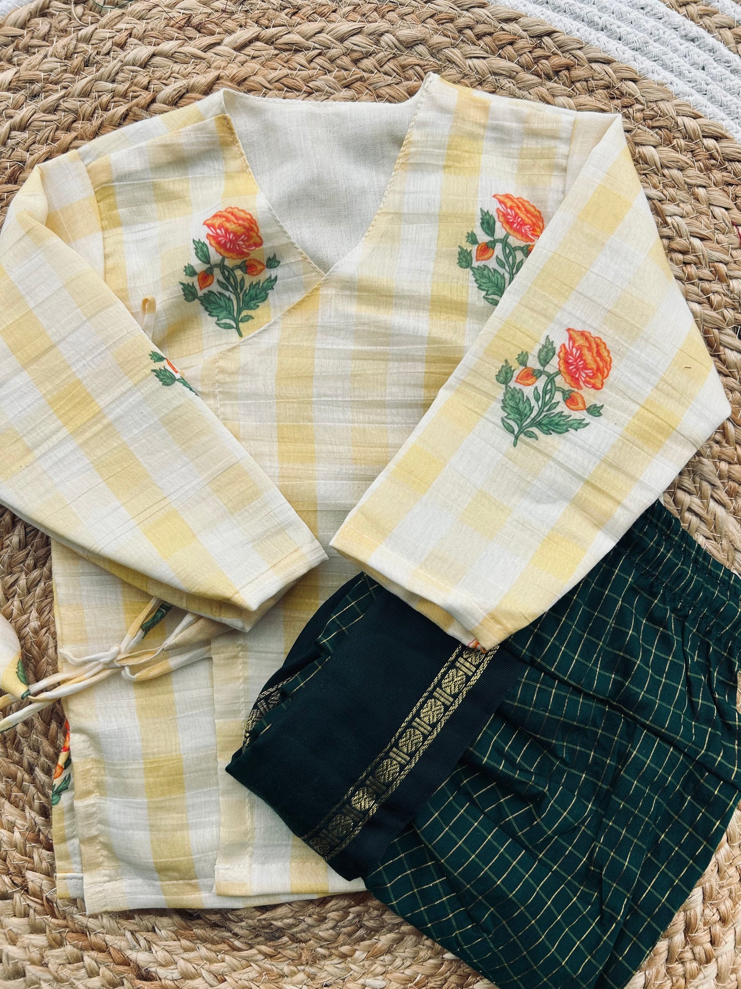 Summer yellow Angrakha with green dhoti comfortable ethnic wear for baby boy