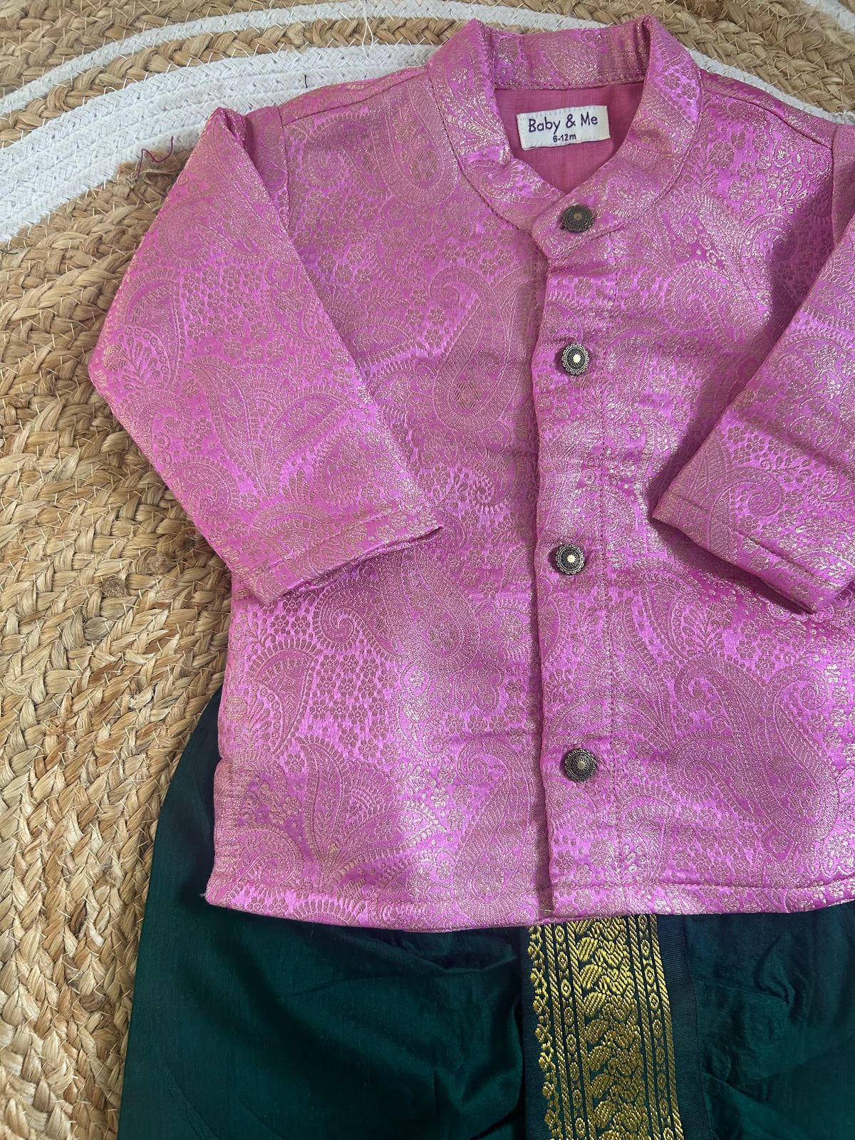 Gulabi Paisley Light Pink Banarasi kurta with traditional Bottle green dhoti ethnic wear for baby boy