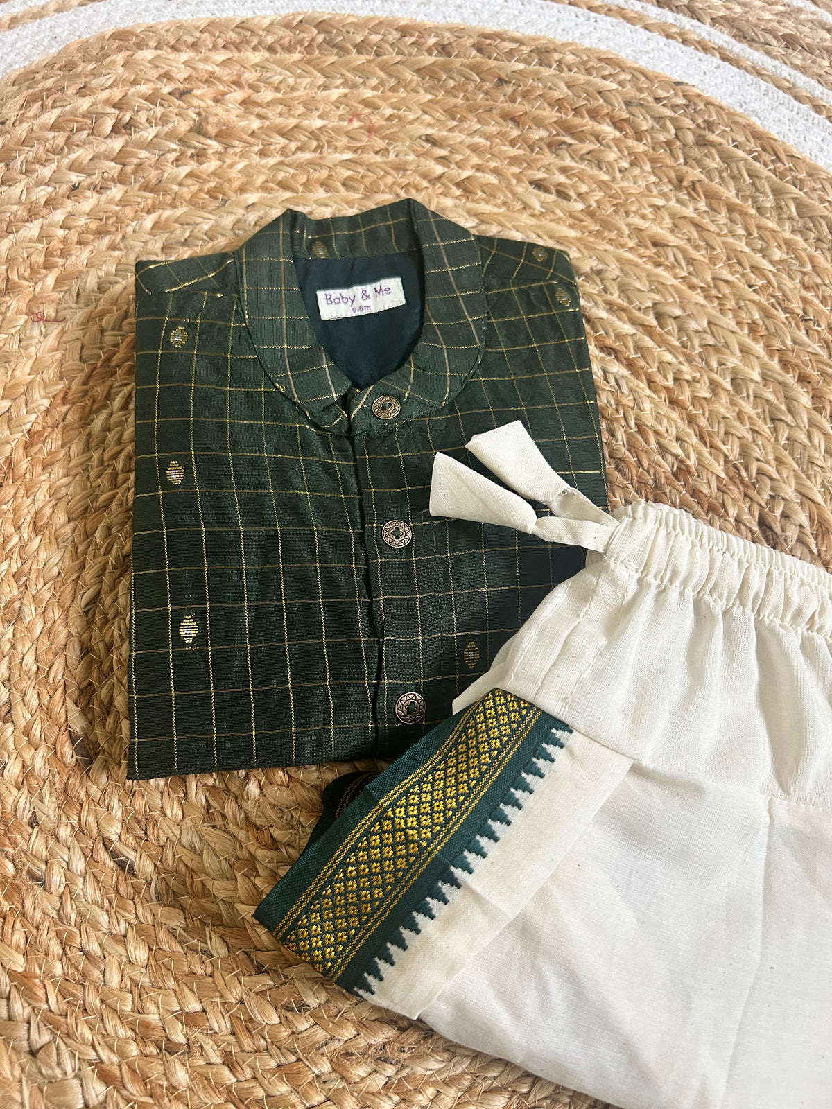 Green Reshme Chowka Kurta with white Traditional Temple Border Dhoti ethnic wear for baby boy