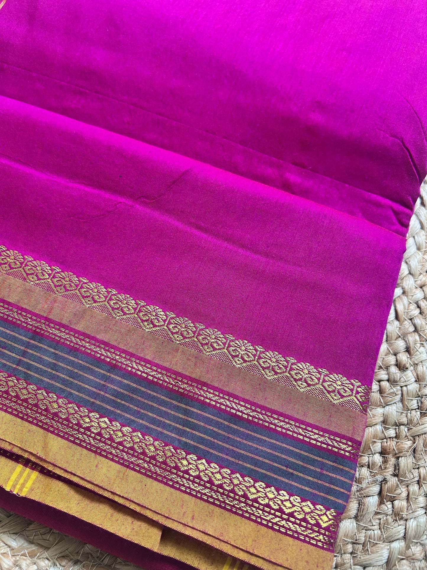 Wine Magenta & Mustard Gold Handloom Silk Cotton Saree with Zari Diagonal Border