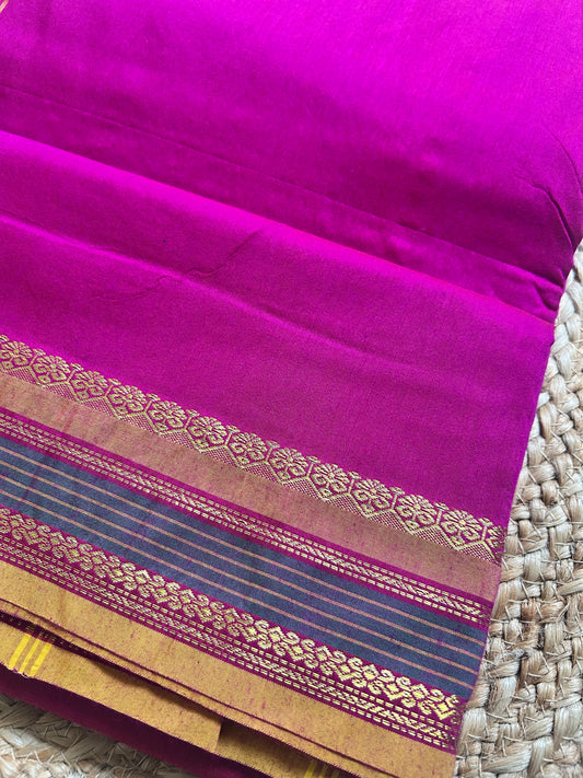 Wine Magenta & Mustard Gold Handloom Silk Cotton Saree with Zari Diagonal Border
