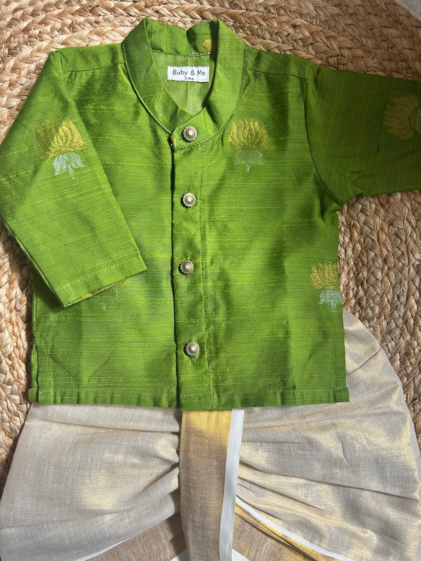 Nature green lotus weave cotton silk kurta with gold Dhoti for Boys – Traditional South Indian Ethnic Wear for Baby Boy