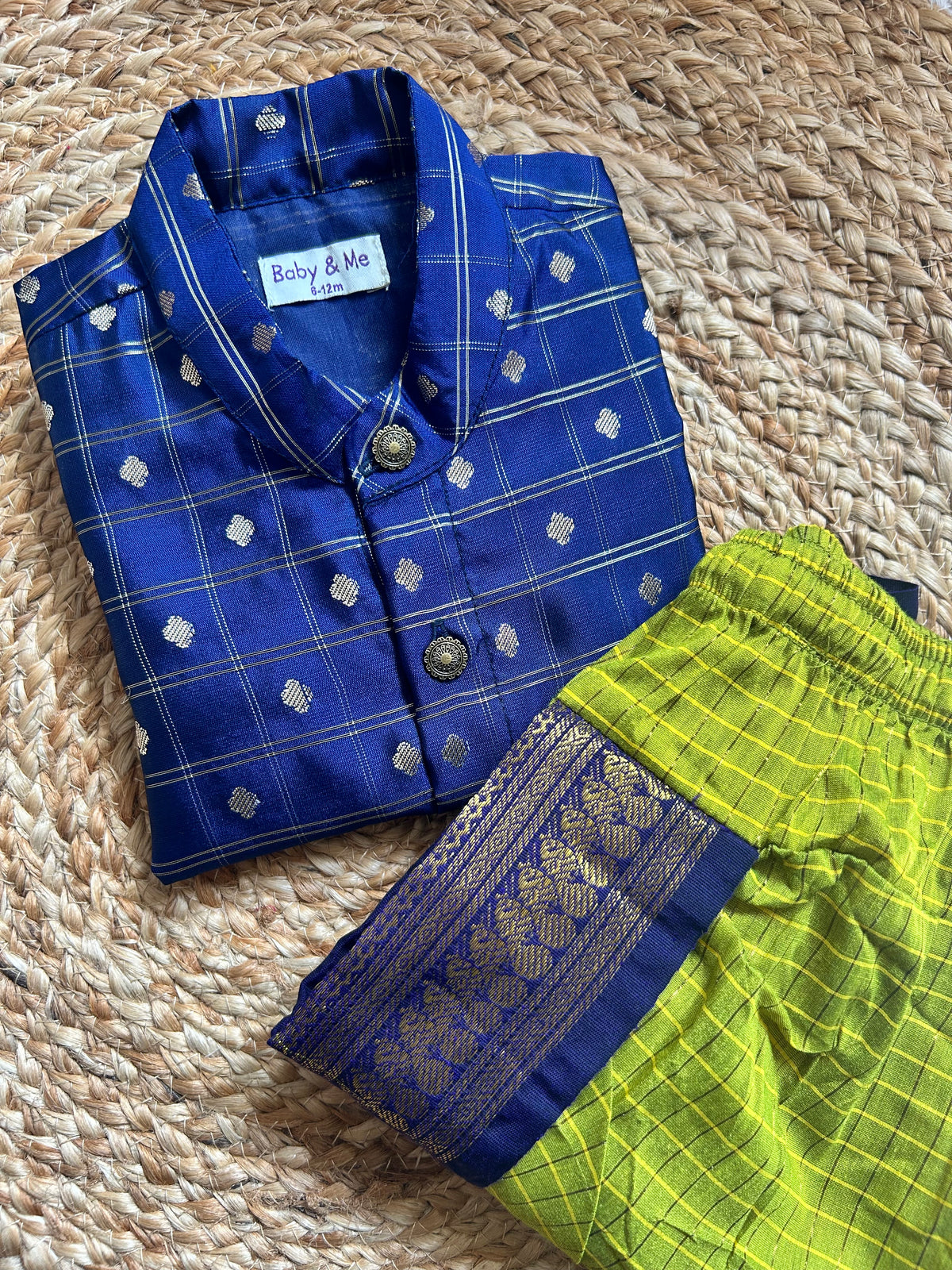 Navy blue reshme chowka Kurta with green  dhoti  traditional ethnic wear for baby boy