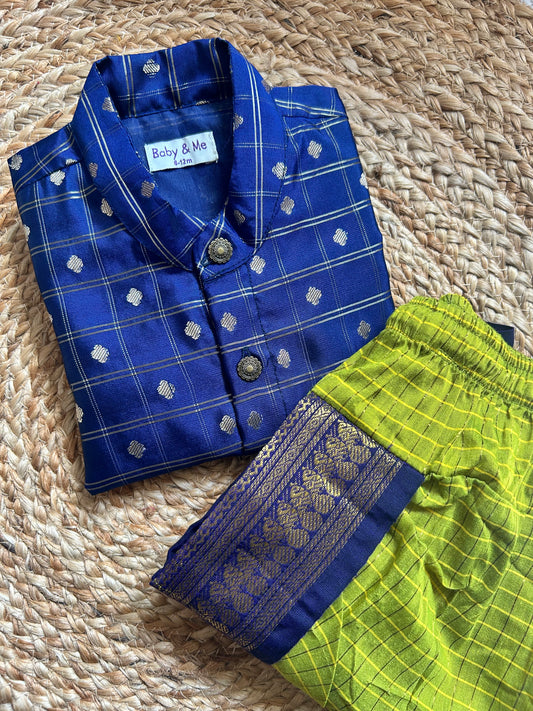 Navy blue reshme chowka Kurta with green  dhoti  traditional ethnic wear for baby boy