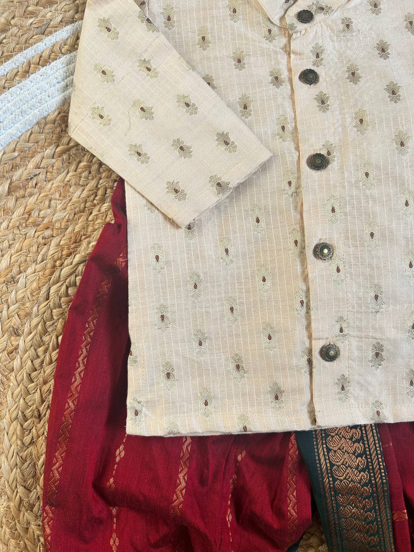 Peach banarasi chanderi and red with bottle green Dhoti for Boys – Traditional Ethnic Wear for Baby Boy