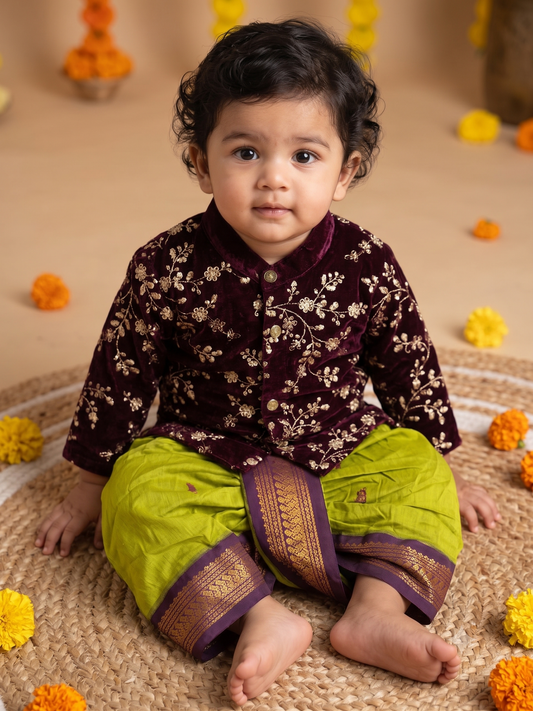 Velvet wine with Green Kurta Dhoti ethnic wear for baby boy