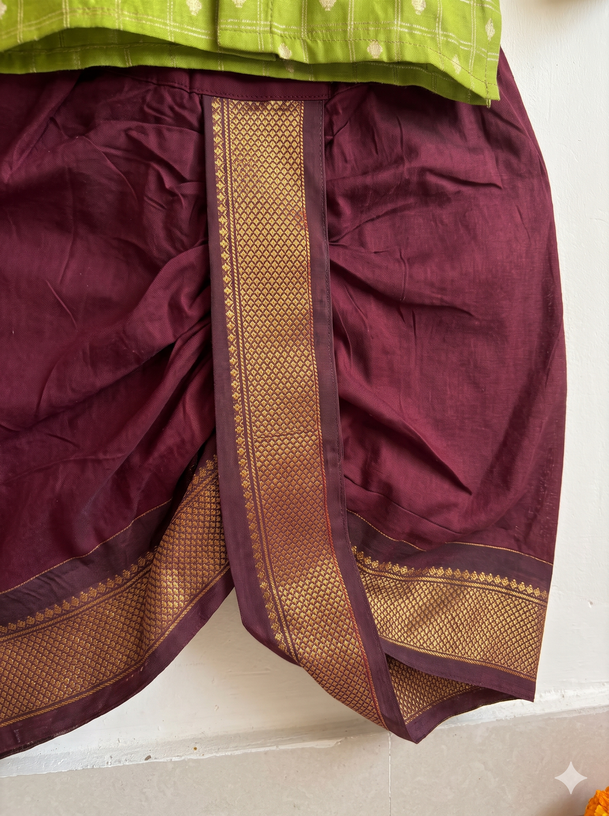 Parrot Green with maroon reshme chowka Kurta Dhoti for baby boy - Festive Collection