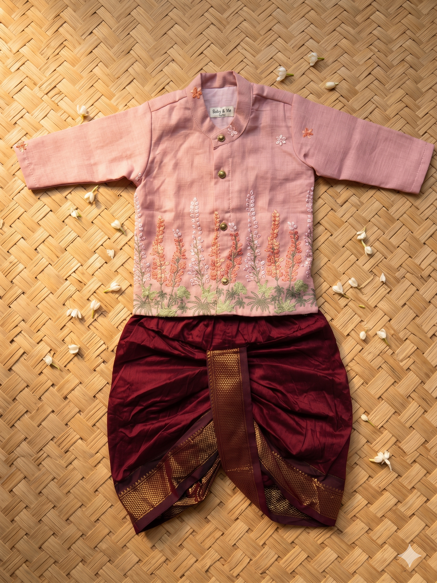 Pure Linen Dusty pink Kurta with Maroon Dhoti for baby boy