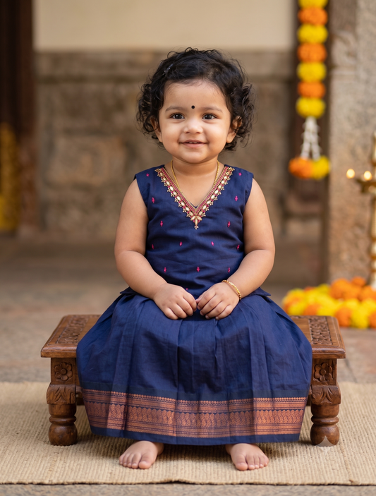 ನೀಲಿ (nīli) kanchi silk cotton sleeveless heritage langa blouse for baby girl