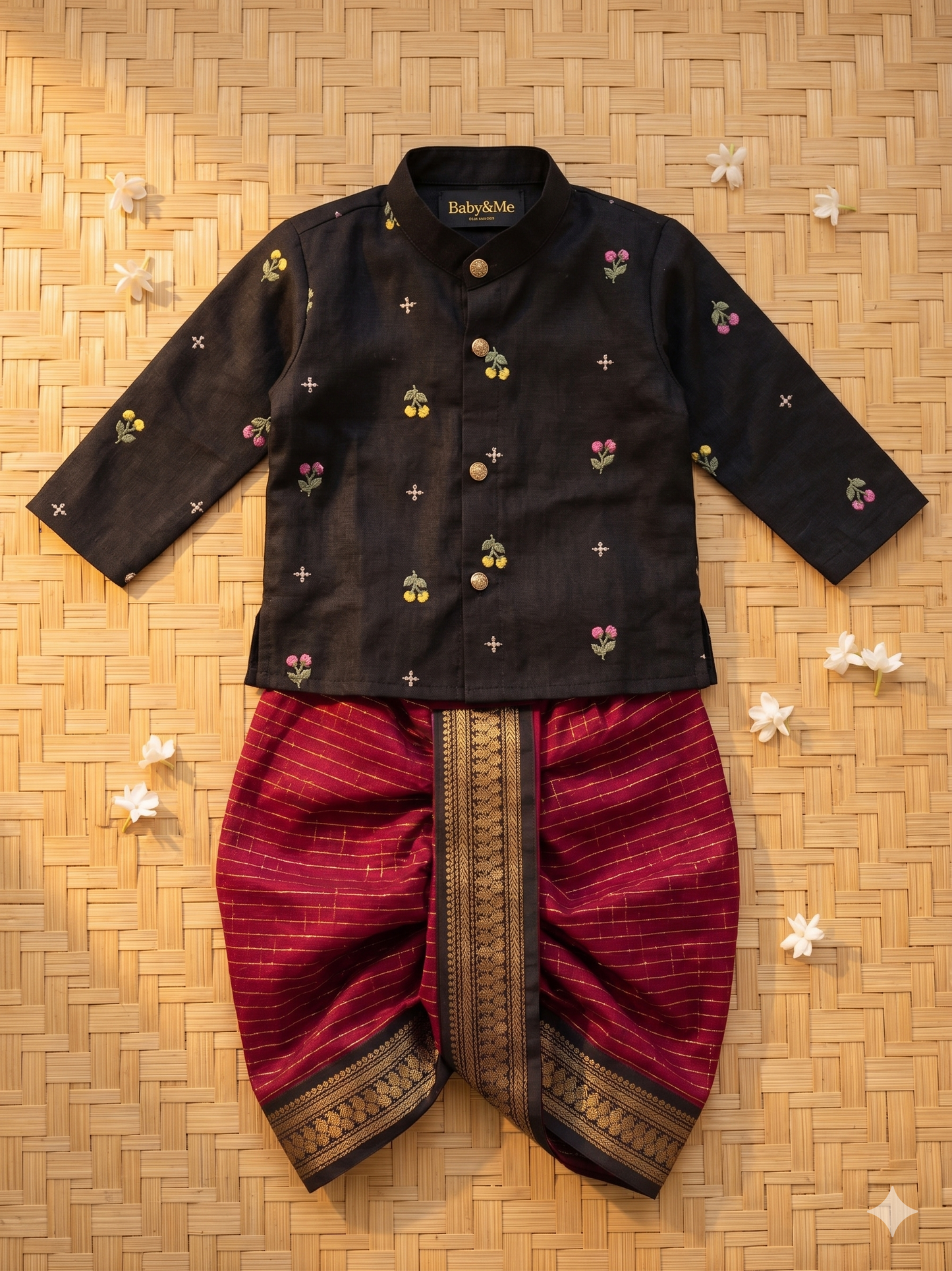 Pure Linen Black Kurta with Maroon with black border Dhoti for baby boy