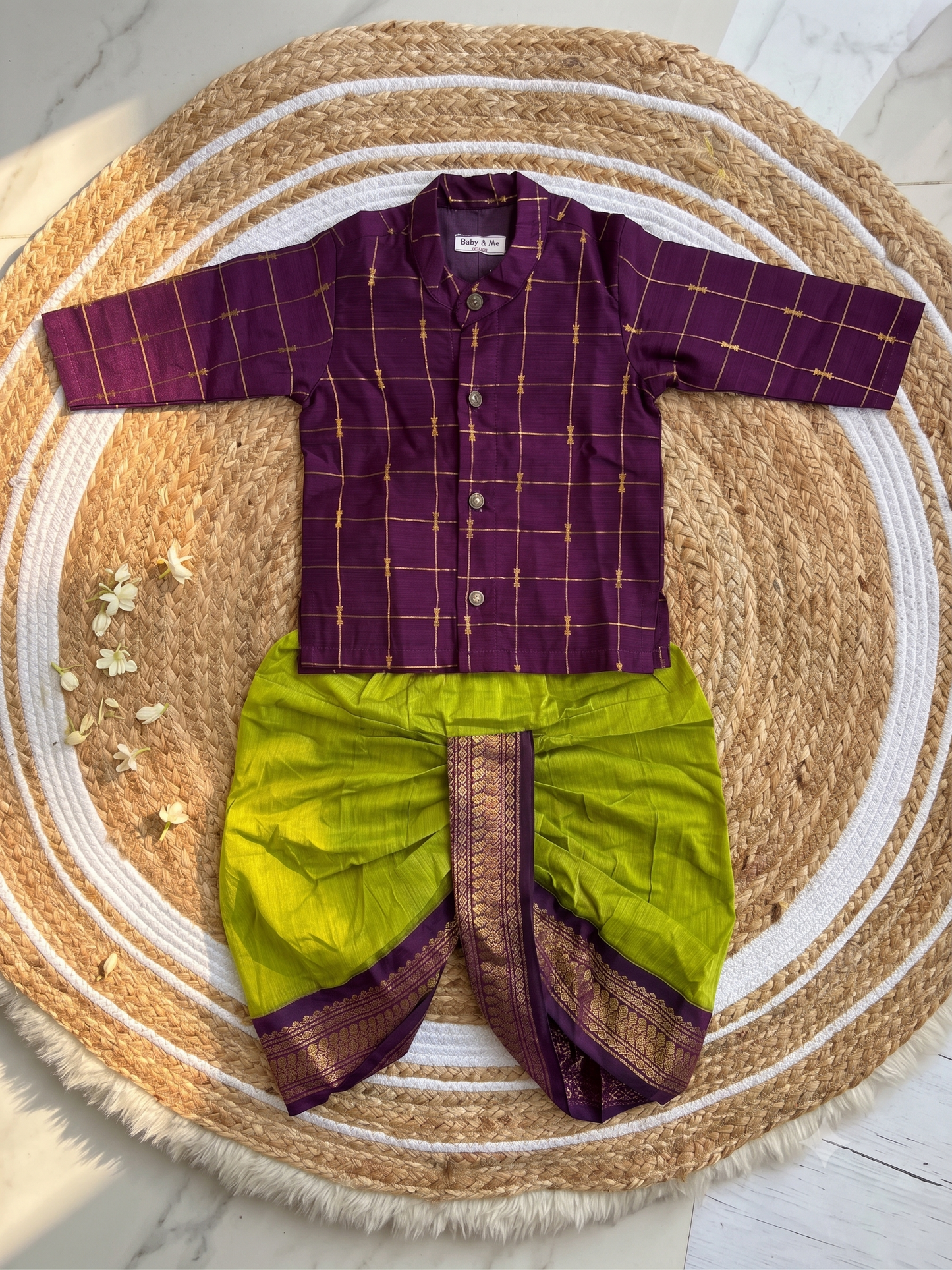Deep Wine checks Kurta & Green Dhoti with Zari Border kurta dhoti for baby boy