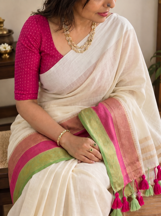 Off white soft mul cotton with kanchi border light weight saree - Pink & Green