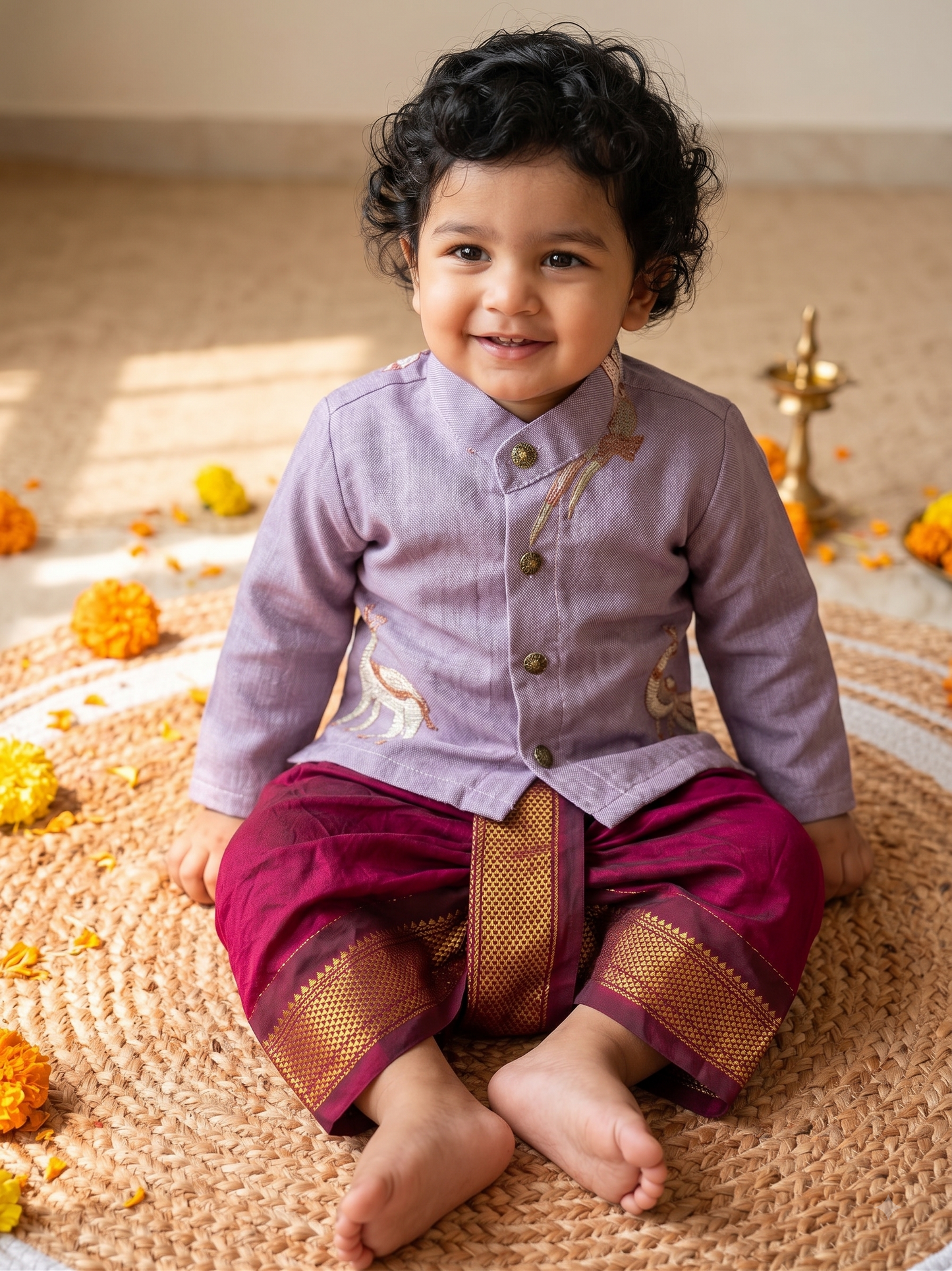 Pure Linen lavendar Kurta with Maroon Dhoti for baby boy