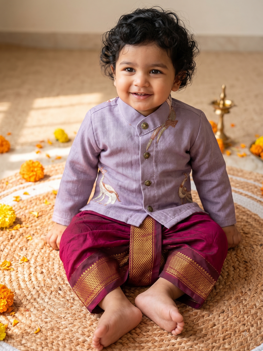 Pure Linen lavendar Kurta with Maroon Dhoti for baby boy