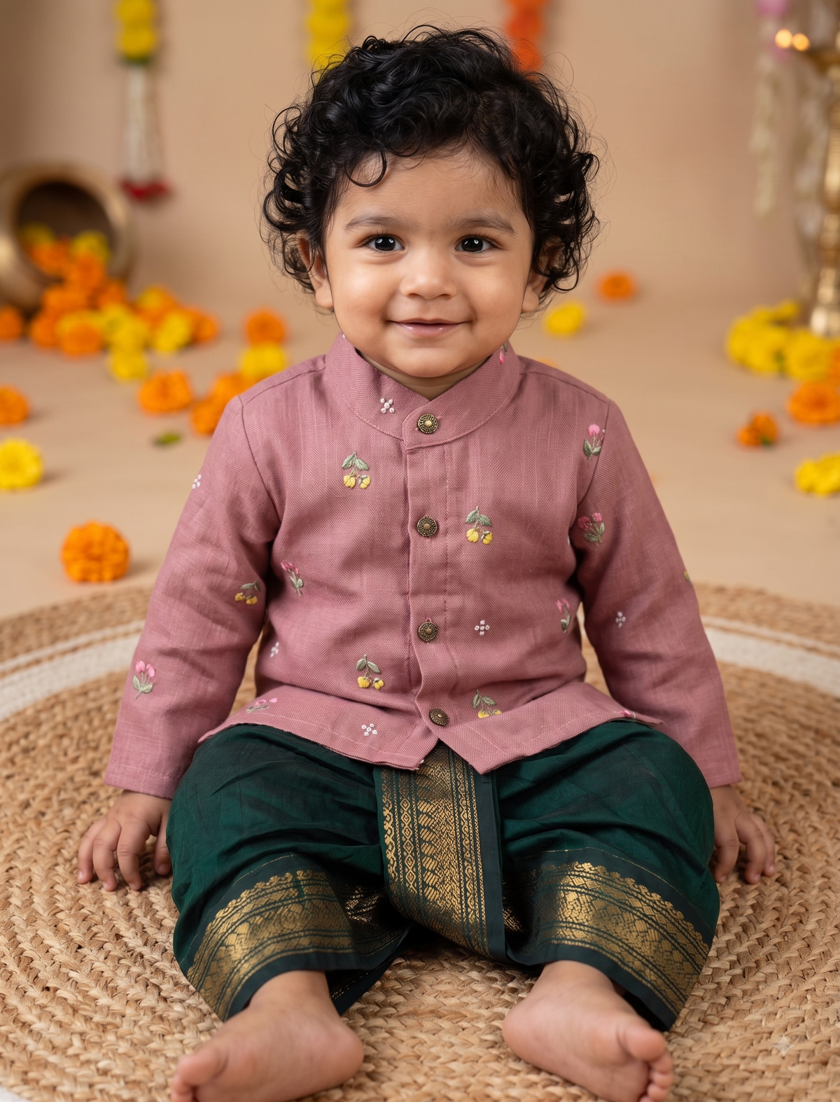 Pure Linen pink Kurta with green Dhoti for baby boy